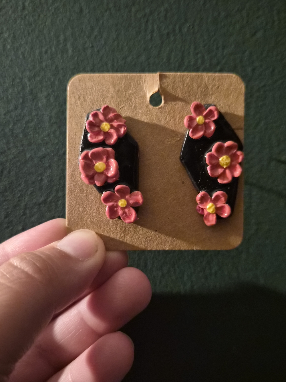 Black Resin Earrings with Pink Flower Accents